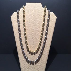 Flapper Style Blue & Gold Plastic Bead Necklace